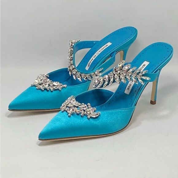 Manolo Blahnik Lurum 90 Embellished Satin Mules size 39.5 - Picture 4 of 12